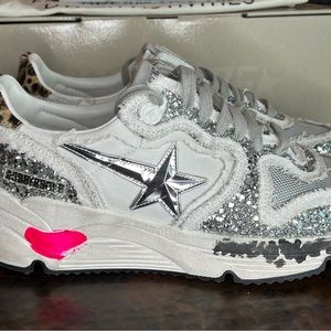 EUC LIKE NEW Golden Goose Running Sole! Size 39 White, Silver and Leopard!